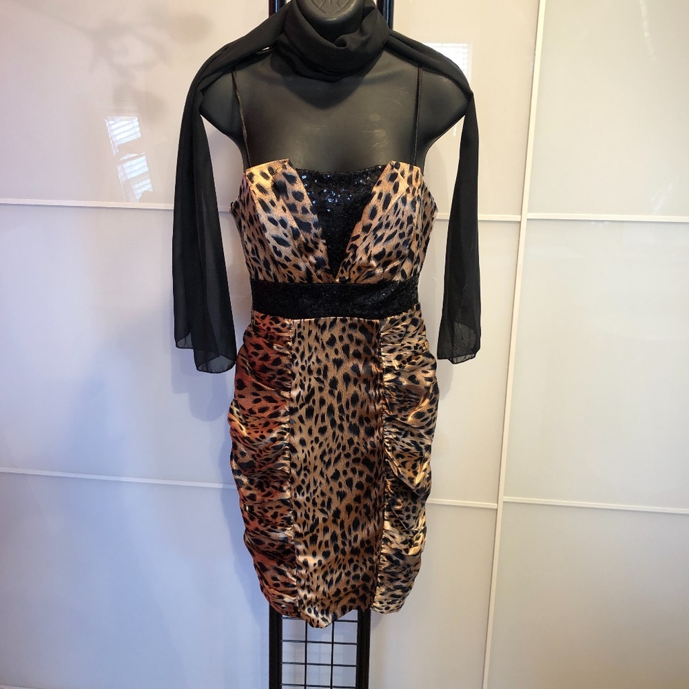 Animal print dress with black scarf